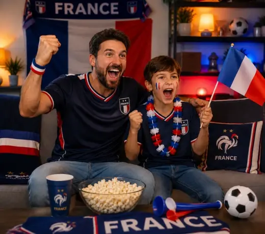 A father and son support the French team in front of a 2026 World Cup match
