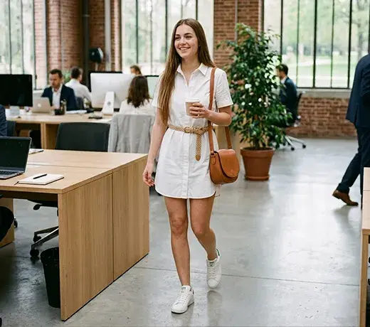 vestido tipo camisa con unas zapatillas Adidas Stan Smith