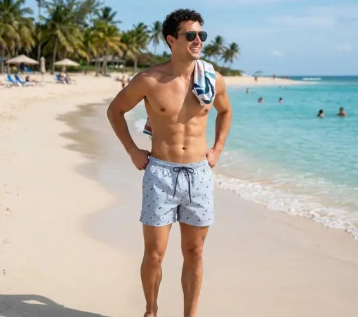 homme en maillot de bain court et imprimé sur la plage