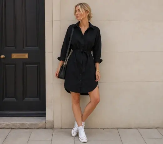 Femme portant une robe chemise noire et une paire de baskets converse blanches