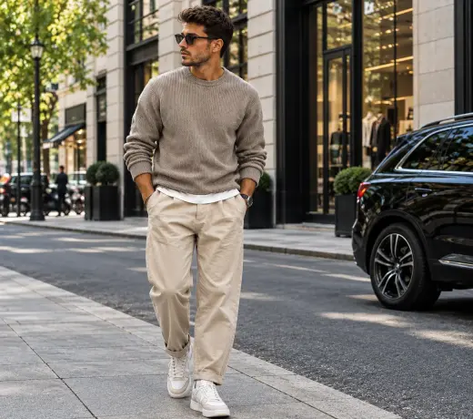 Herren-Outfit mit Bundfaltenhose, Pullover und Sneakers