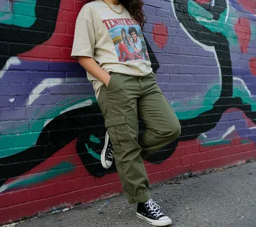 look femme avec un t-shirt oversize et un pantalon cargo