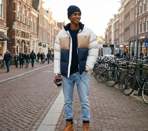 look homme avec une doudoune Tommy Hilfiger