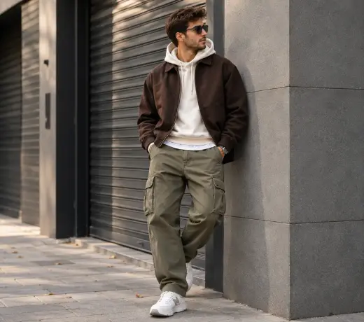 Men’s outfit with khaki cargo trousers
