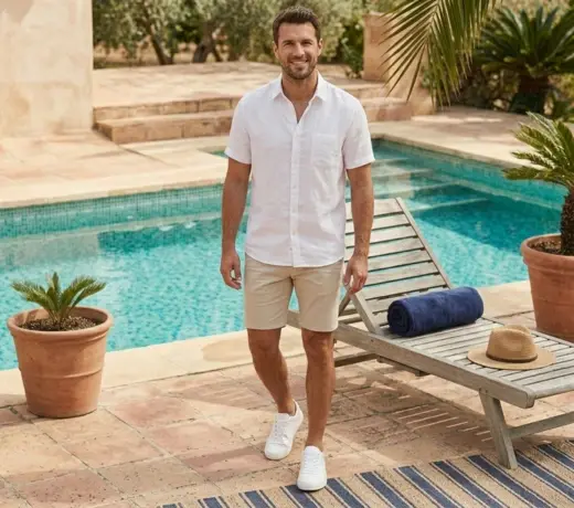 Men's look with white trainers by the pool