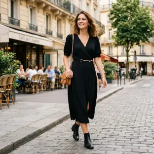 femme avec une robe noire mi-longue et des bottines noires