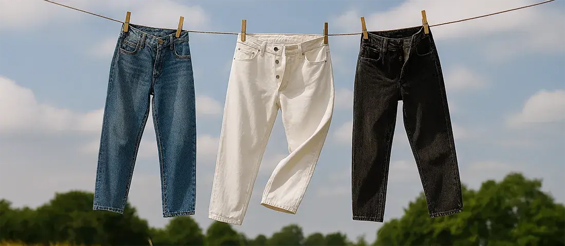 jeans brut, blanc et gris charbon étendus sur un fil à linge