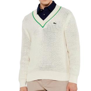 Pull Blanc Homme Lacoste Tennis Rayures vue 0