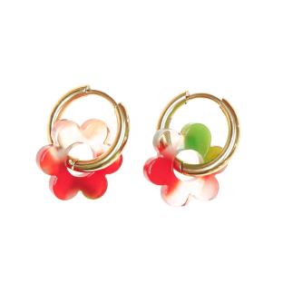 Boucles Oreilles Rouge/Vert Femme Clio Blue Fleurs 14mm pas cher