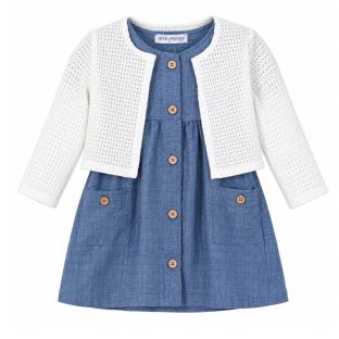 Ensemble Robe + Gilet Bleu/Blanc Bébé P'tit Mome Helena vue 0
