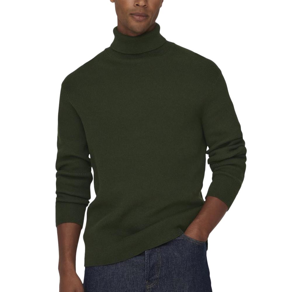 Pull Col Roulé Kaki Homme Only & Sons Phil Reg 12 pas cher