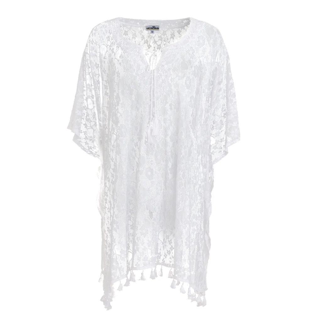 Robe Blanche Sur Maillot Femme Lagon Bleu Kaftan Dentelle pas cher