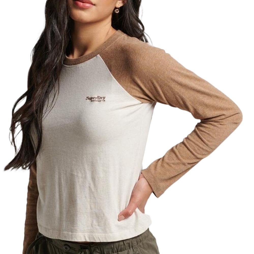 T-shirt Manches Longues Marron/Beige Femme Superdry Baseball pas cher