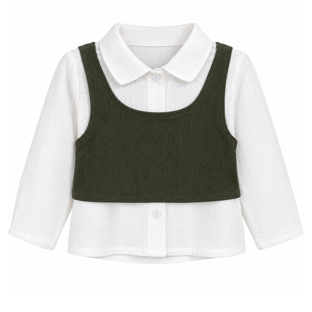 Blouse Blanc/Kaki Bébé Fille P'tit Mome Pauline pas cher