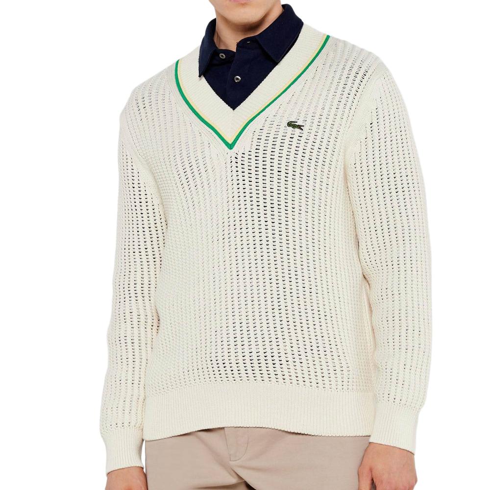 Pull Blanc Homme Lacoste Tennis Rayures pas cher