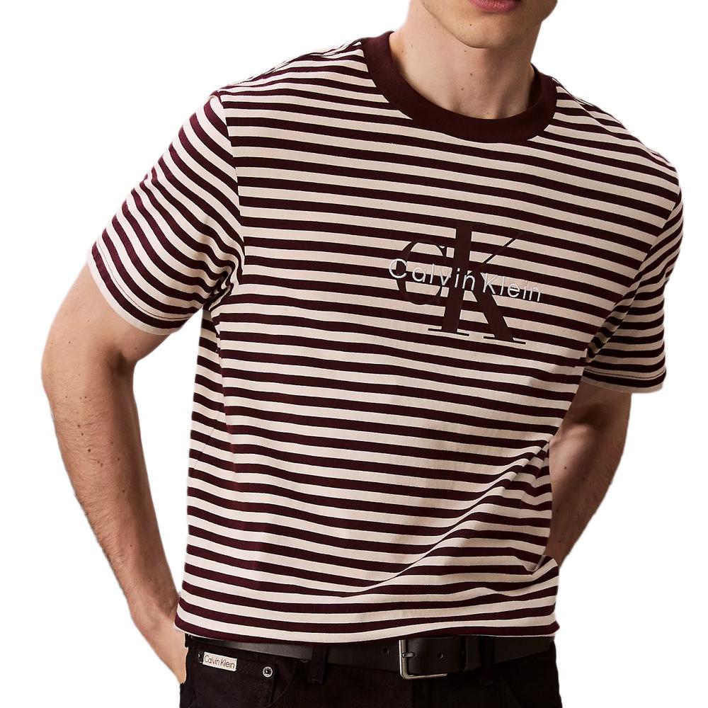 T-Shirt à Rayure Marron/Écru Homme Calvin Klein Jeans 20s Stripe pas cher