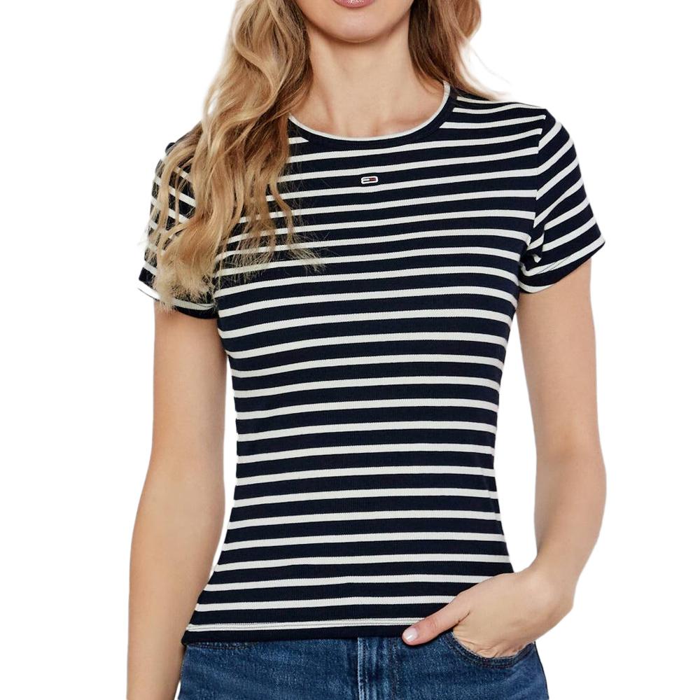 T-shirt Marinière Blanc/Marine Femme Tommy Jeans Slim Essential pas cher