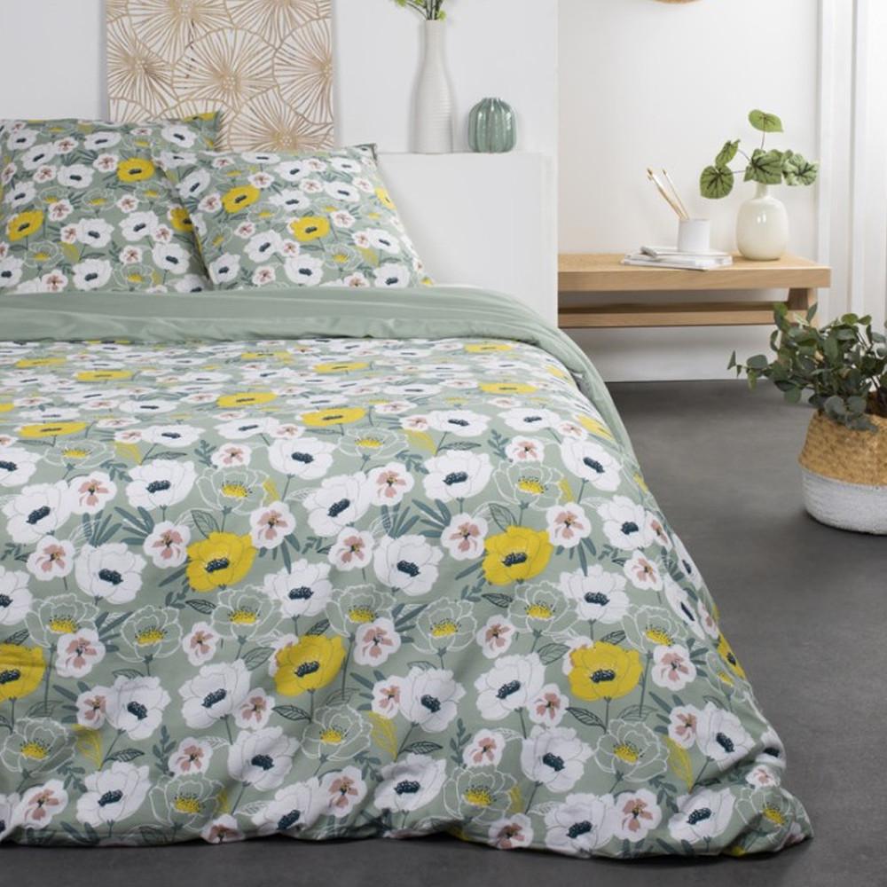 Parure de Lit Vert/Fleurs 240x220cm Today Coton 57 Fils Sunshine pas cher