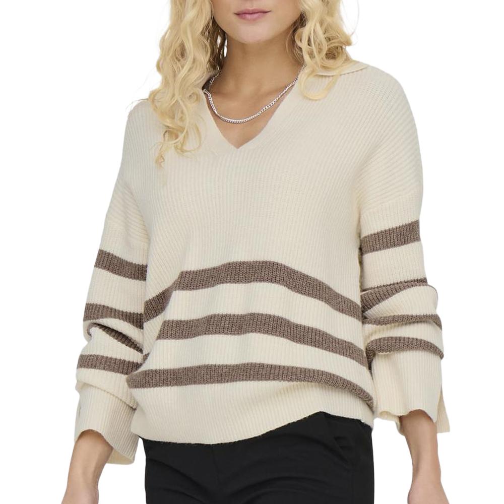 Pull Ecru/Marron à rayures Femme Only Monna pas cher
