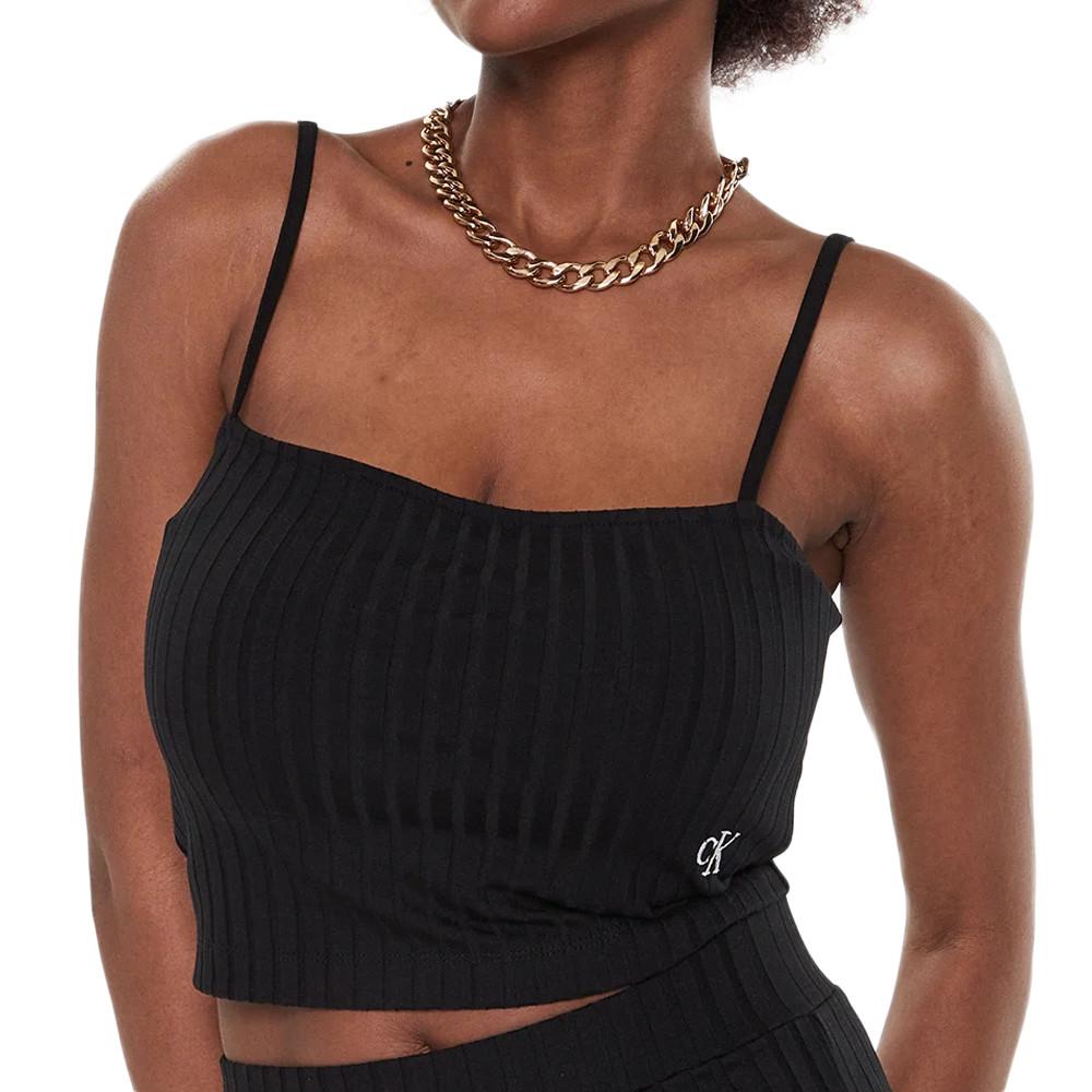 Top Noir Femme Calvin Klein Jeans Rib Cropped Strappy pas cher