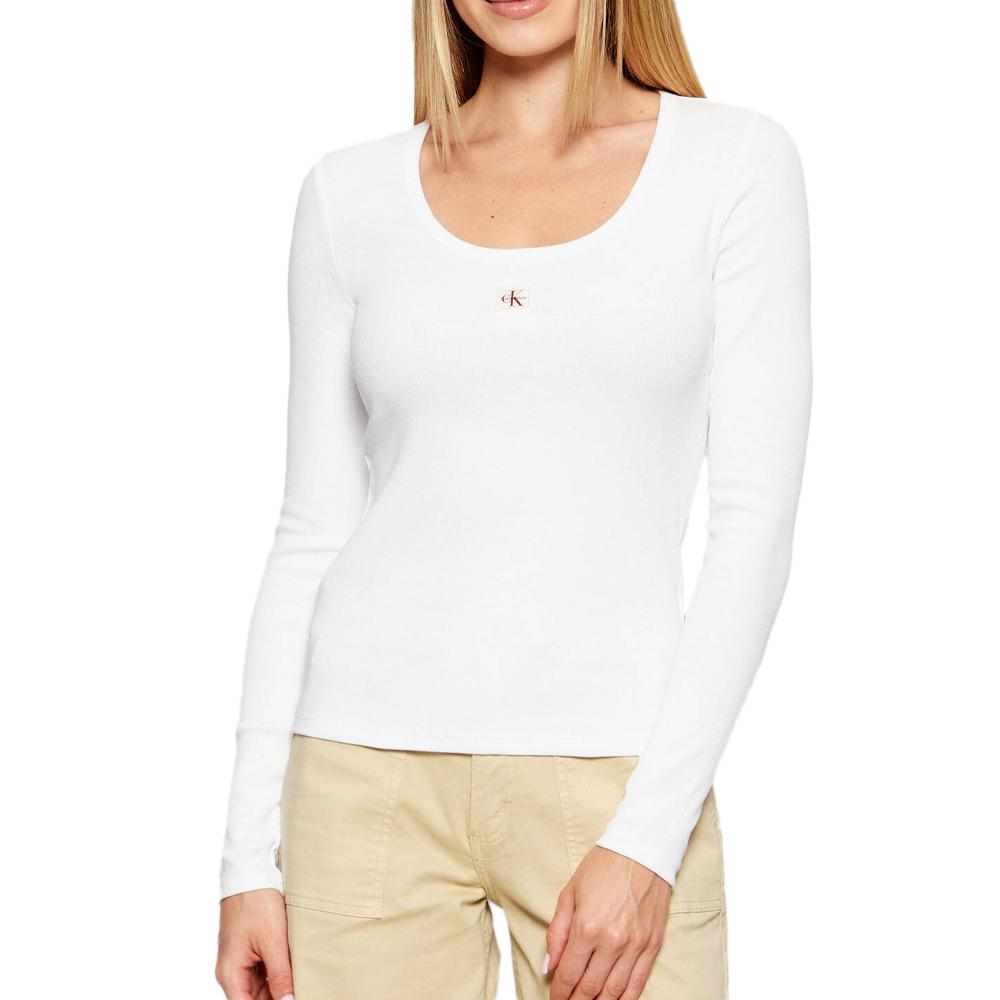 T-Shirt Manches Longues Blanc Femme Calvin Klein Jeans Woven pas cher