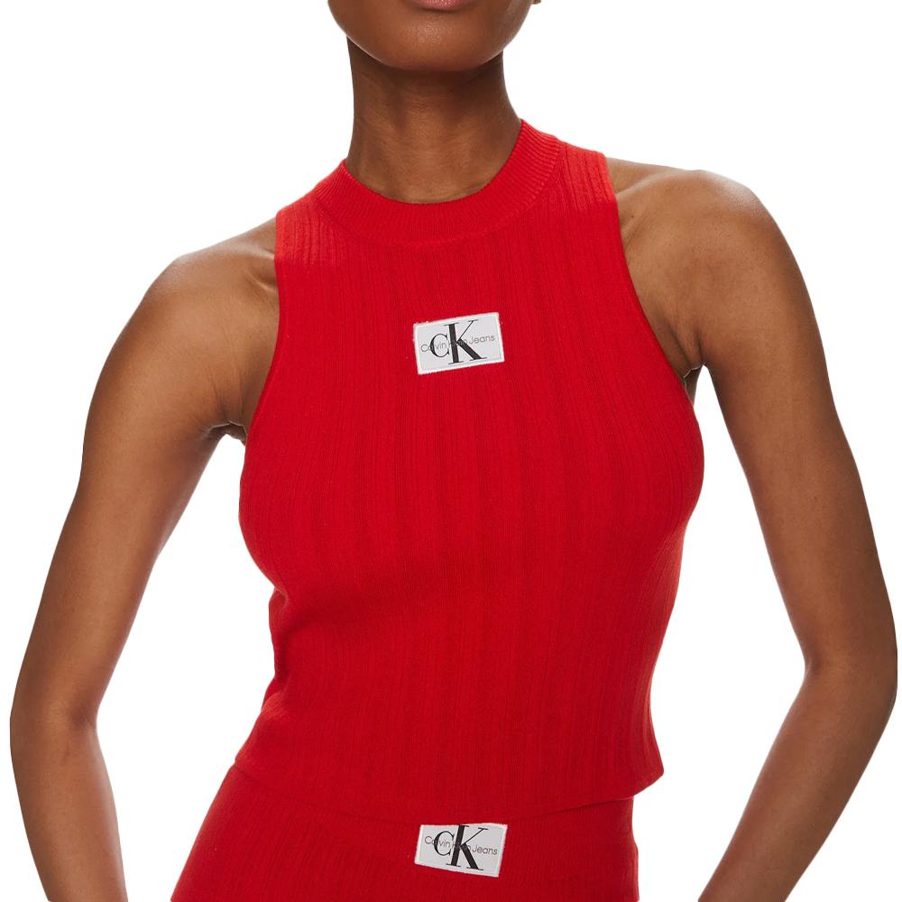Débardeur Côtelé Rouge Femme Calvin Klein Jeans Label pas cher