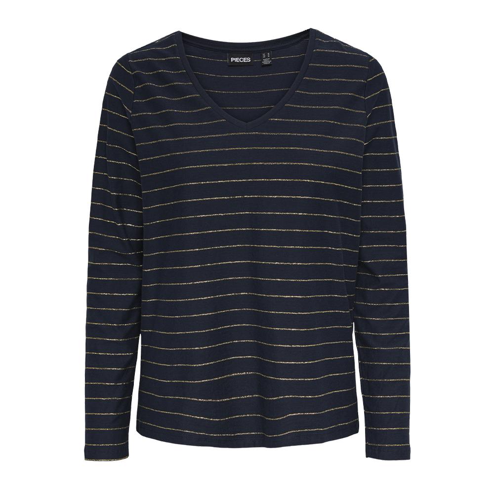T-shirt Manches Longues Marine/Doré Femme Pieces Milona pas cher