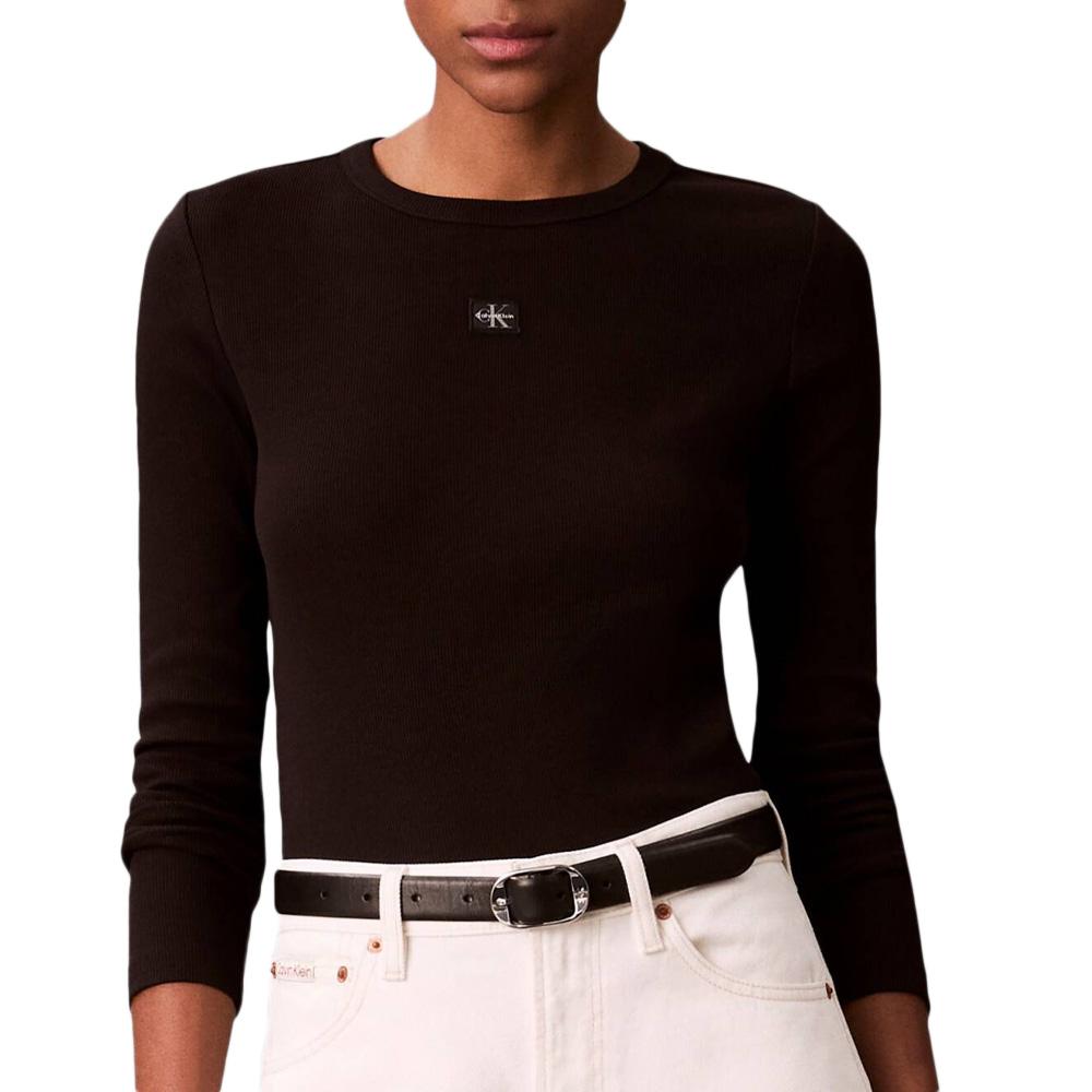 T-Shirt Manches Longues Noir Femme Calvin Klein Jeans Label pas cher