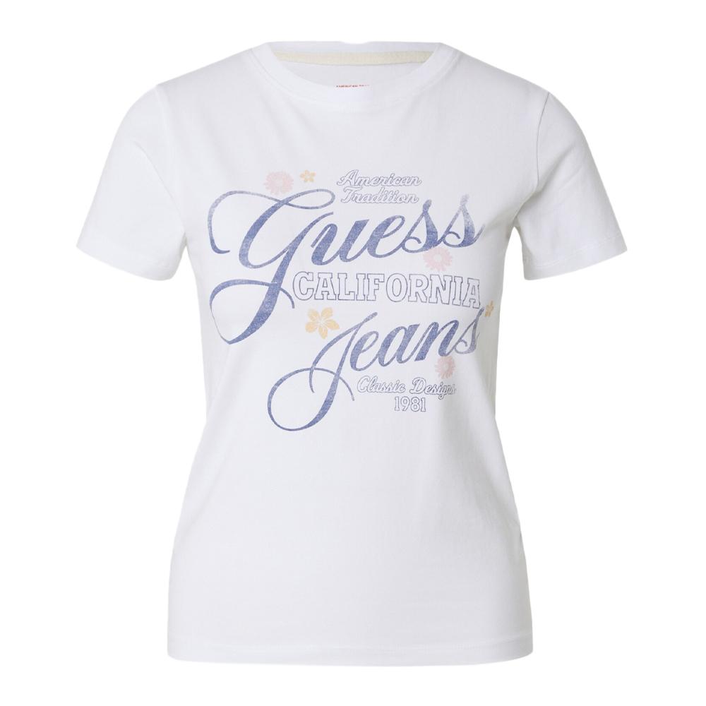 T-shirt Blanc/Bleu Femme Guess Flower pas cher