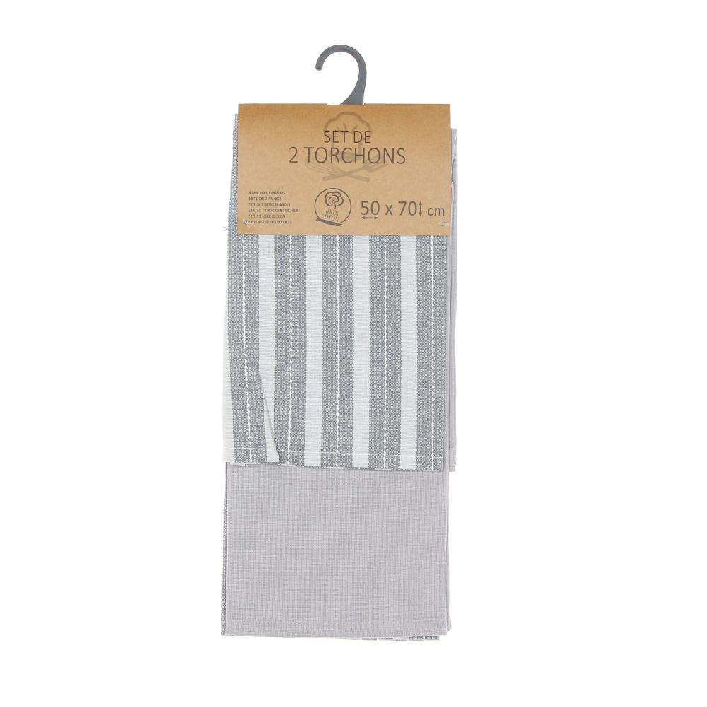 Set 2 Torchons Gris/Blanc Charlize 50x70cm pas cher