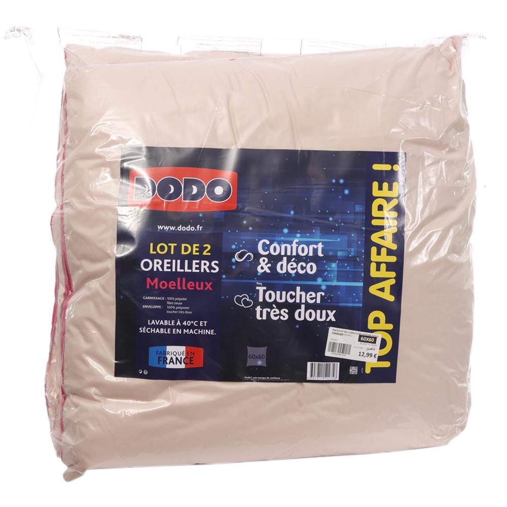 Lot de 2 Oreillers Rose/Beige Dodo Moelleux 60x60 pas cher