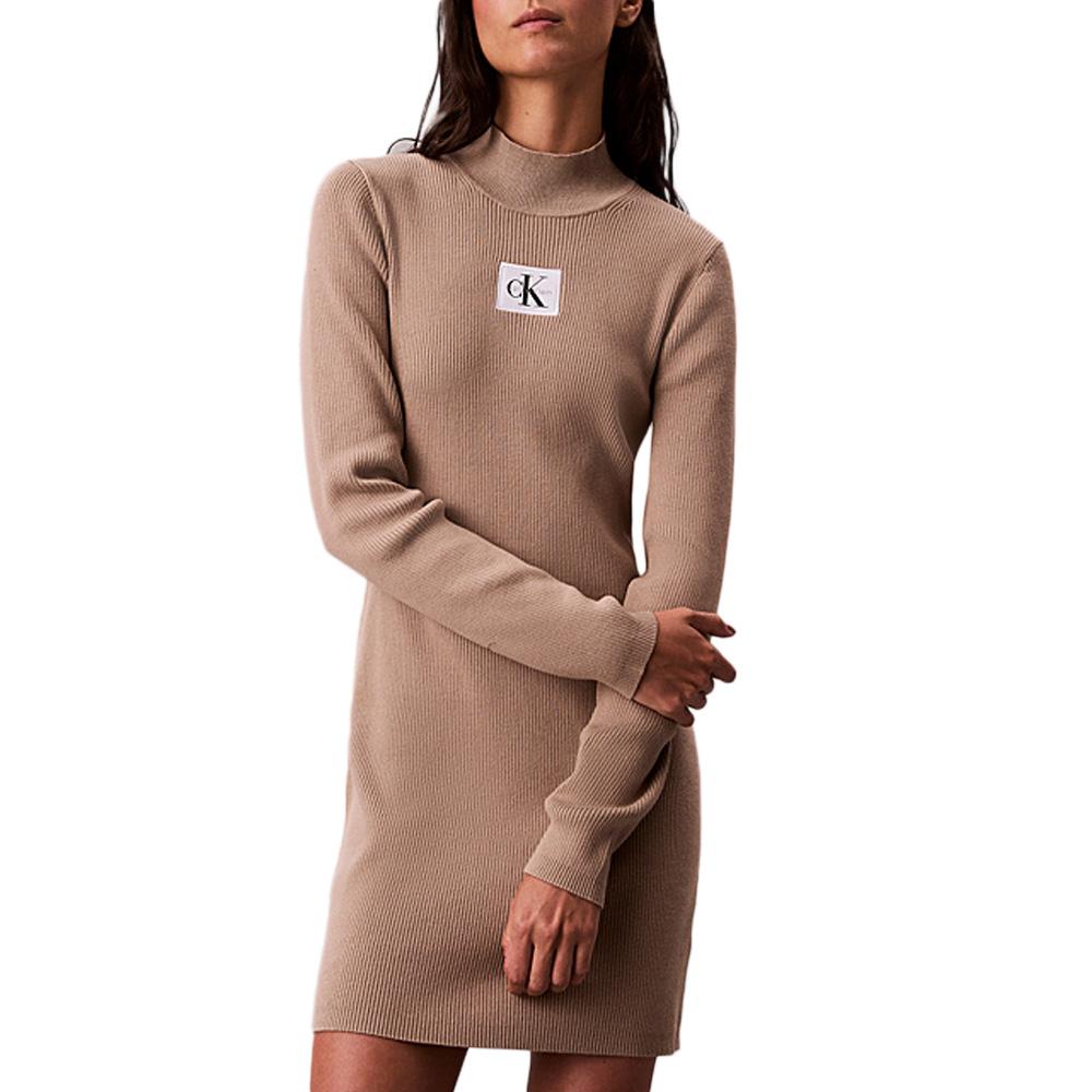 Robe Marron Calvin Klein Jeans Neck Mini Dress pas cher
