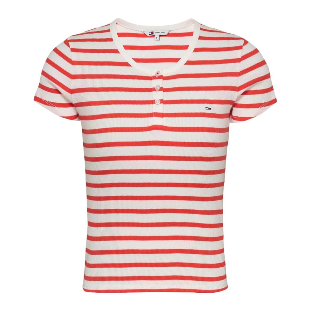 T-Shirt Rouge/Blanc Femme Tommy Hilfiger Slim Button pas cher