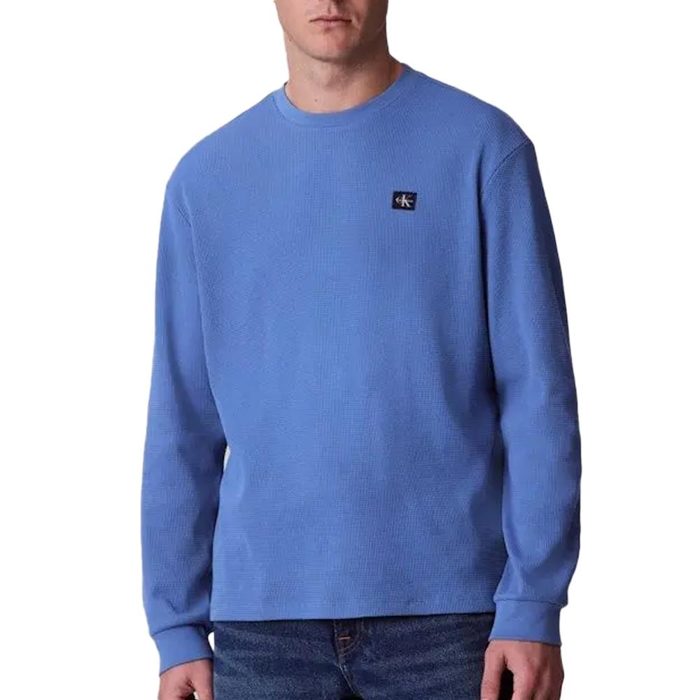 Sweat Bleu Homme Calvin Klein Jeans Waffle Badge pas cher