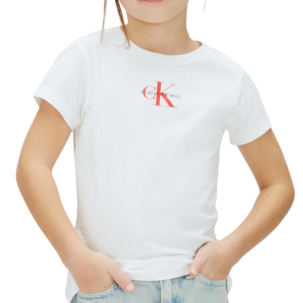 T-Shirt Blanc/Rouge Fille Calvin Klein Jeans Monogram pas cher