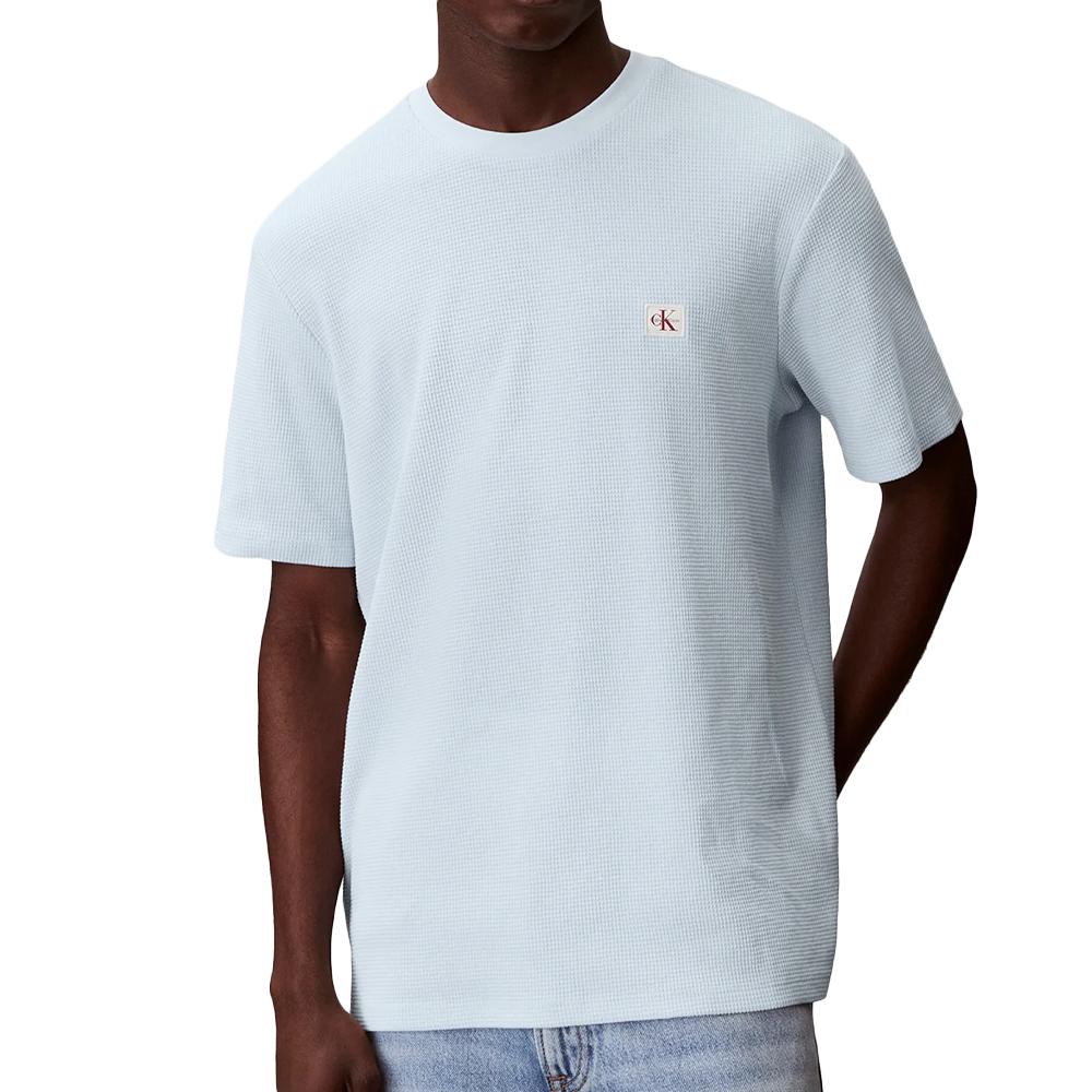 Pastellblaues Herren-T-Shirt von Calvin Klein Jeans mit Waffel-Emblem günstig