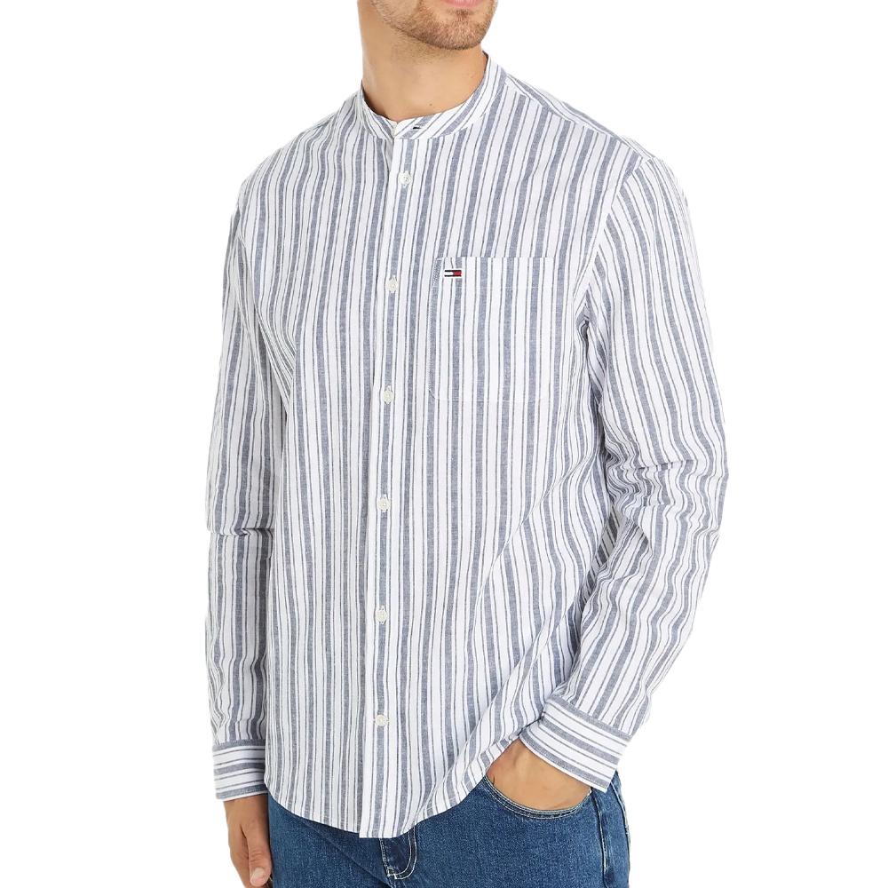 Chemise Manches Longues Marine Homme Tommy Hilfiger Mao Stripe Linen pas cher