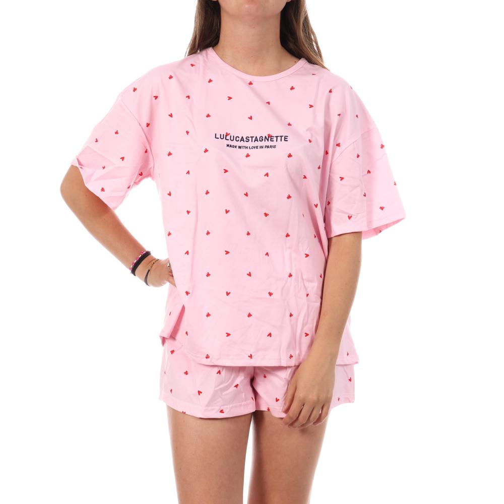 Pijama corto de mujer rosa/rojo Lulu Castagnette Petits Cœurs barato