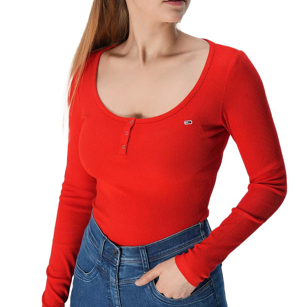 T-shirt Manches Longues Rouge Femme Tommy Hilfiger Button pas cher