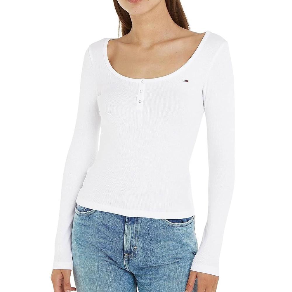 T-shirt Manches Longues Blanc Femme Tommy Hilfiger Button pas cher