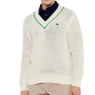 Pull Blanc Homme Lacoste Tennis Rayures pas cher